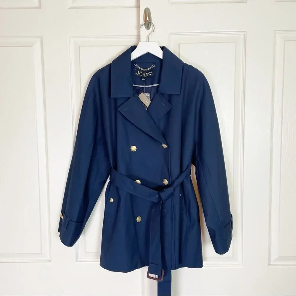 J.Crew Navy Trench Coat Water Repellent Cotton Belted NWT Sz L - Picture 2 of 12